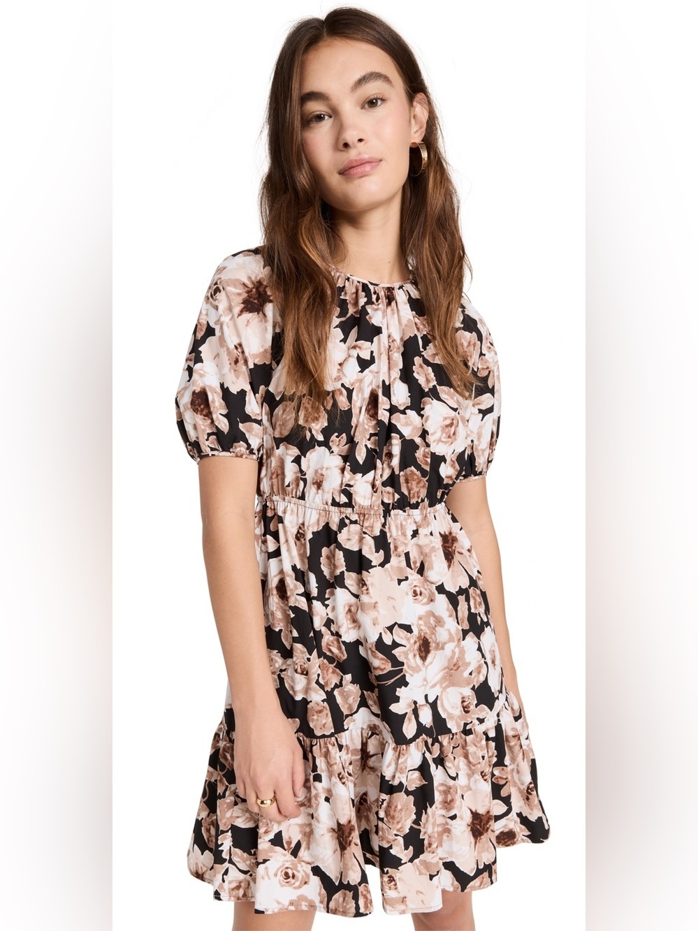 RAILS Khloe Mini Dress Sepia Roses Floral Puff Sleeve Cotton Blend Size M